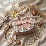 Coquette Pastel Pink Mini Bag with White Eyelet Lace Ruffle & Bow - Top Handle + Crossbody Strap