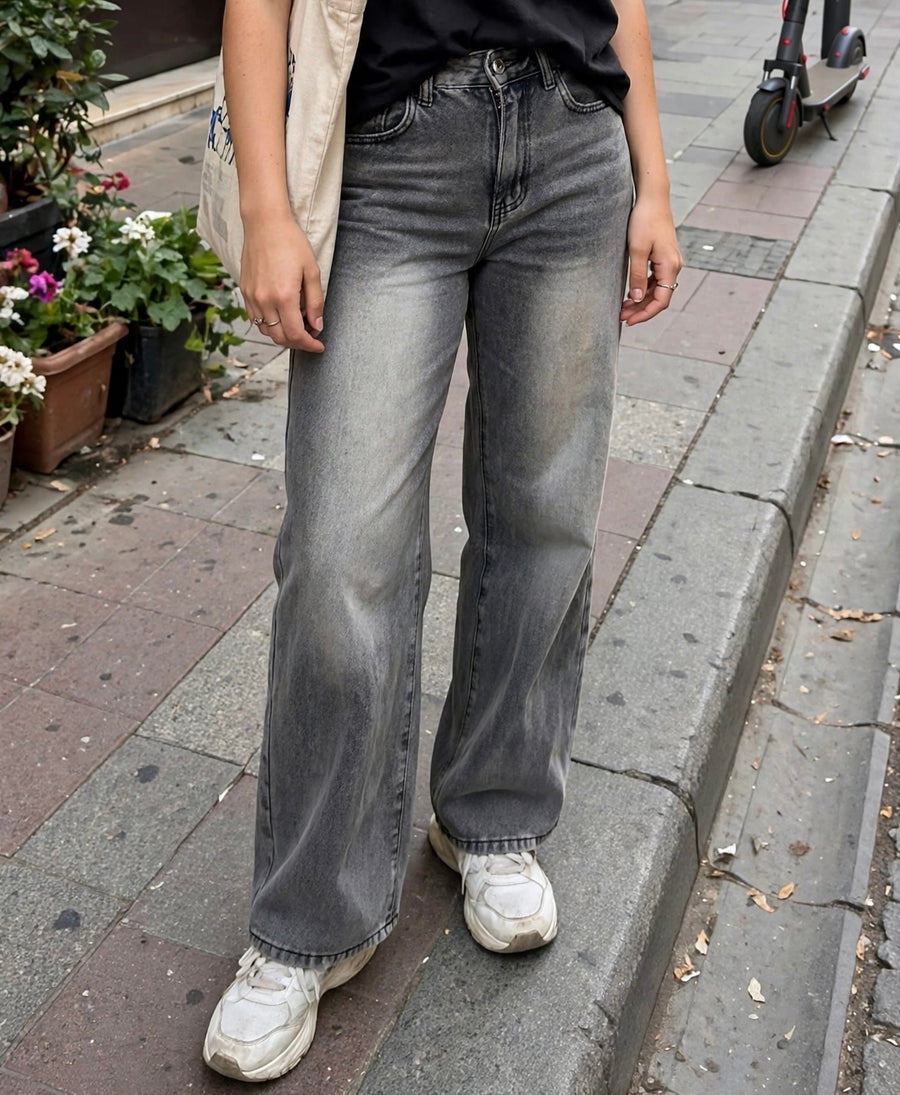 Grey Acid Wash Wide Leg Jeans – Size XS – High Waisted Baggy Fit
