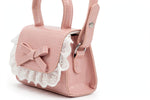 Coquette Pastel Pink Mini Bag with White Eyelet Lace Ruffle & Bow - Top Handle + Crossbody Strap