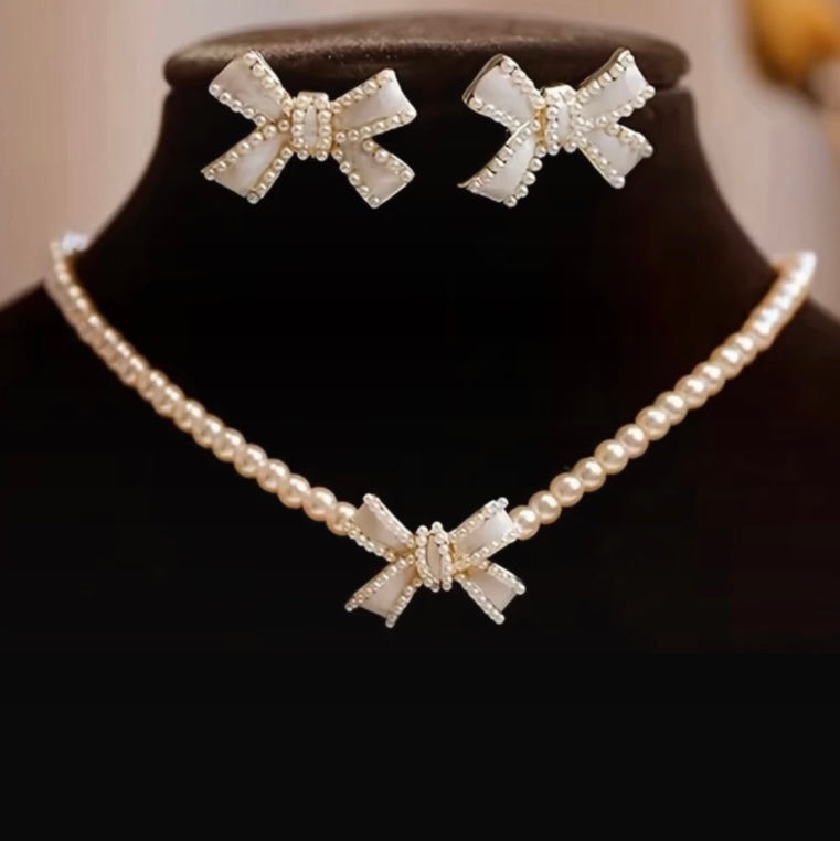 Pearl Bow Necklace and Earrings Set - White Faux Pearl Choker with Bow Pendant - Elegant Coquette Jewelry Set
