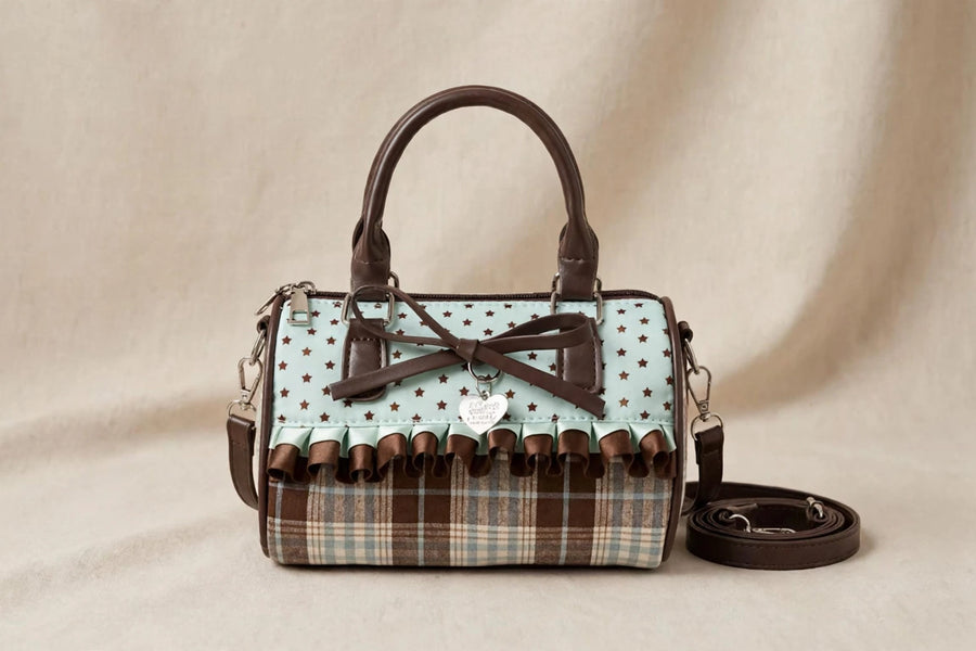 Starlight Bow Mini Boston Bag – Vintage Plaid & Ruffle Shoulder Bag