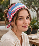 Piper K Crochet Knit Bandana - Blue Fish Motif | Pink Blue Wavy Stripe Triangle Headscarf | Y2K Crochet Hair Kerchief