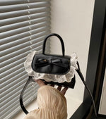 Black Mini Bow Bag with White Lace Ruffle - Coquette Crossbody