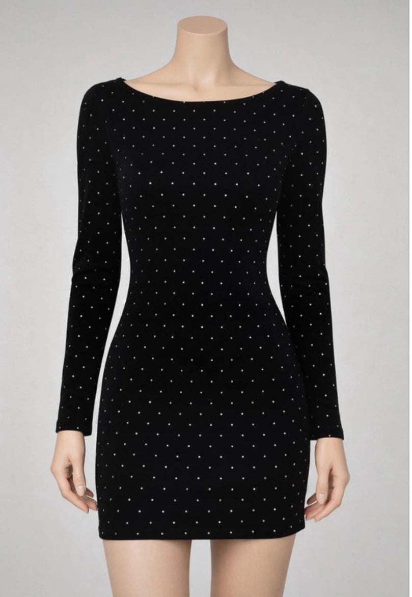 Primark Black Velvet Mini Dress Silver Diamante Dots - Size 4 / XS - Long Sleeve Party Dress