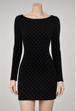 Primark Black Velvet Mini Dress Silver Diamante Dots - Size 4 / XS - Long Sleeve Party Dress