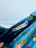 Zara Blue Strawberry Satin Mini Dress - Puff Sleeve, Draped Neck - Size XS