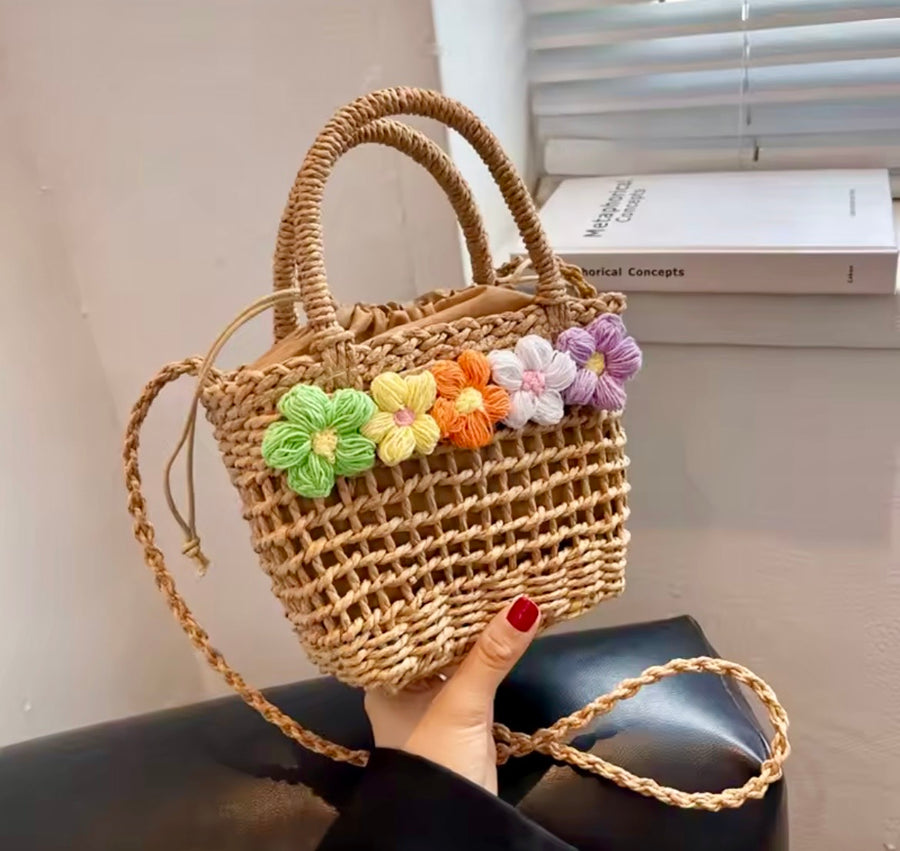 Woven Straw Mini Tote Bag with Crochet Flowers - Summer Beach Bag