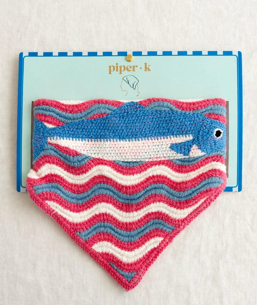 Piper K Crochet Knit Bandana - Blue Fish Motif | Pink Blue Wavy Stripe Triangle Headscarf | Y2K Crochet Hair Kerchief