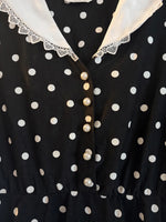 Vintage Whirlaway Polka Dot Midi Dress Size 10P - Black White Spot Dress with Lace Peter Pan Collar, 80s Retro Button Front Fit and Flare Dress