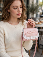 Coquette Pastel Pink Mini Bag with White Eyelet Lace Ruffle & Bow - Top Handle + Crossbody Strap