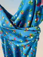 Zara Blue Strawberry Satin Mini Dress - Puff Sleeve, Draped Neck - Size XS