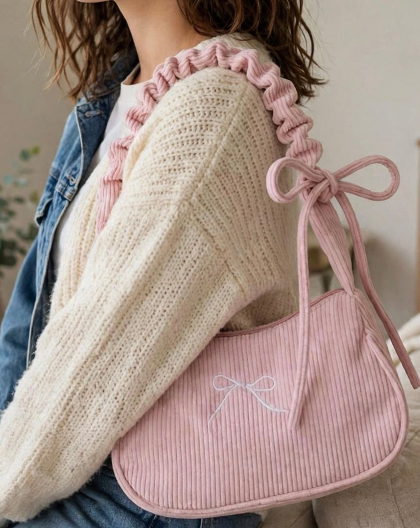 Pink Corduroy Bow Shoulder Bag - Y2K Coquette Style