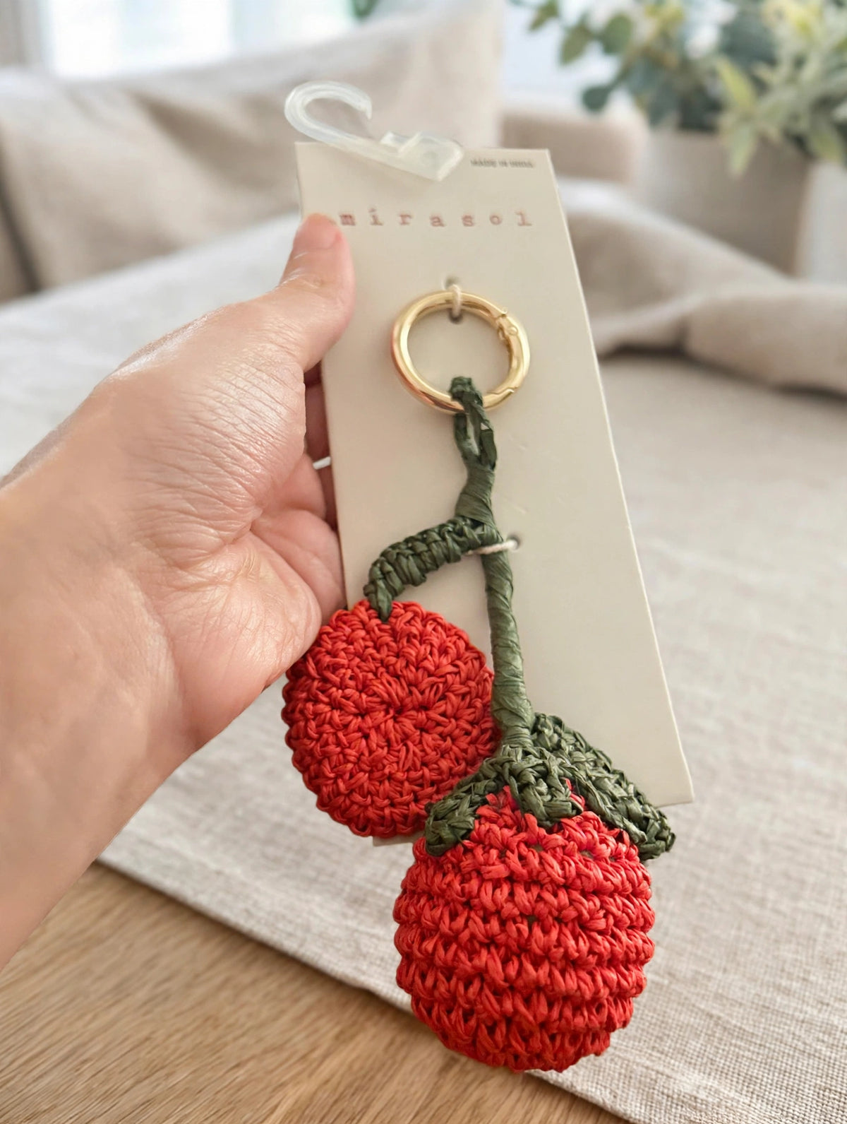 Mirasol Cherry Bag Charm - Red Crochet Cherries Keychain | Gold Ring