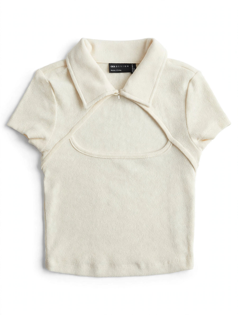 ASOS DESIGN Cream Cut-Out Polo Crop Top - UK 4 / US