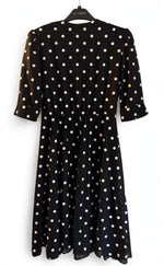 Vintage Whirlaway Polka Dot Midi Dress Size 10P - Black White Spot Dress with Lace Peter Pan Collar, 80s Retro Button Front Fit and Flare Dress