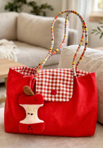 Red Gingham Tote Bag with Colorful Ropes Handles + Apple Charm