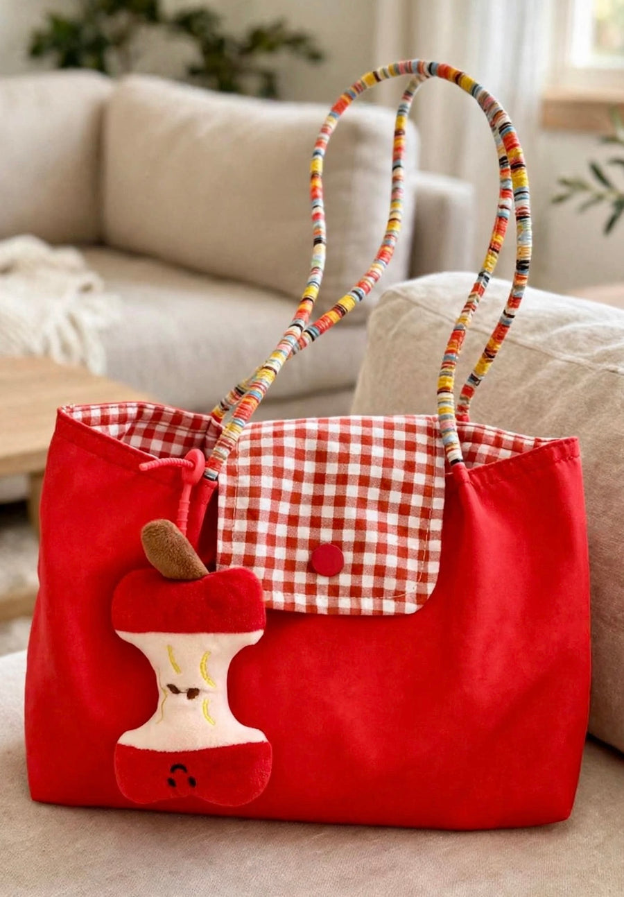 Red Gingham Tote Bag with Colorful Ropes Handles + Apple Charm