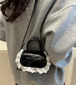 Black Mini Bow Bag with White Lace Ruffle - Coquette Crossbody