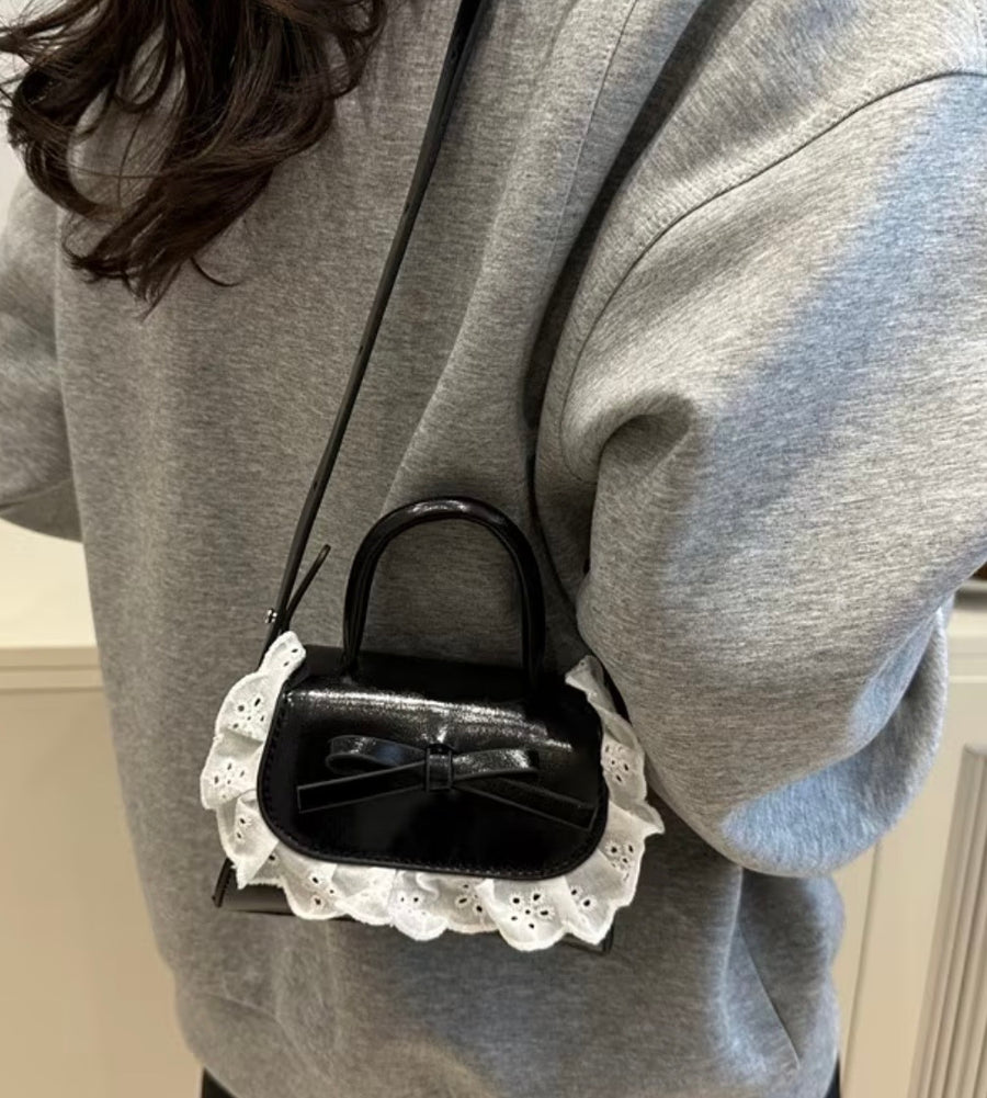 Black Mini Bow Bag with White Lace Ruffle - Coquette Crossbody