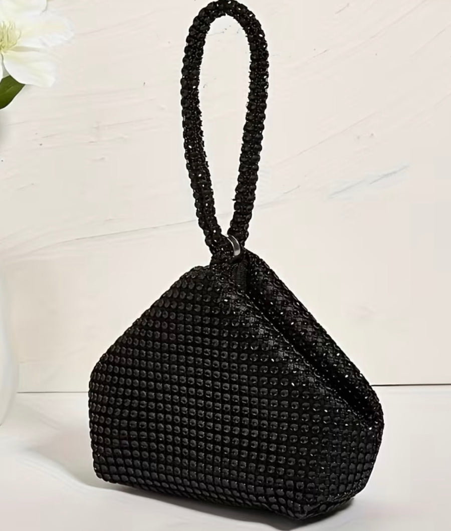Black Rainstone Evening Wristlet Bag - Sparkly Party Clutch