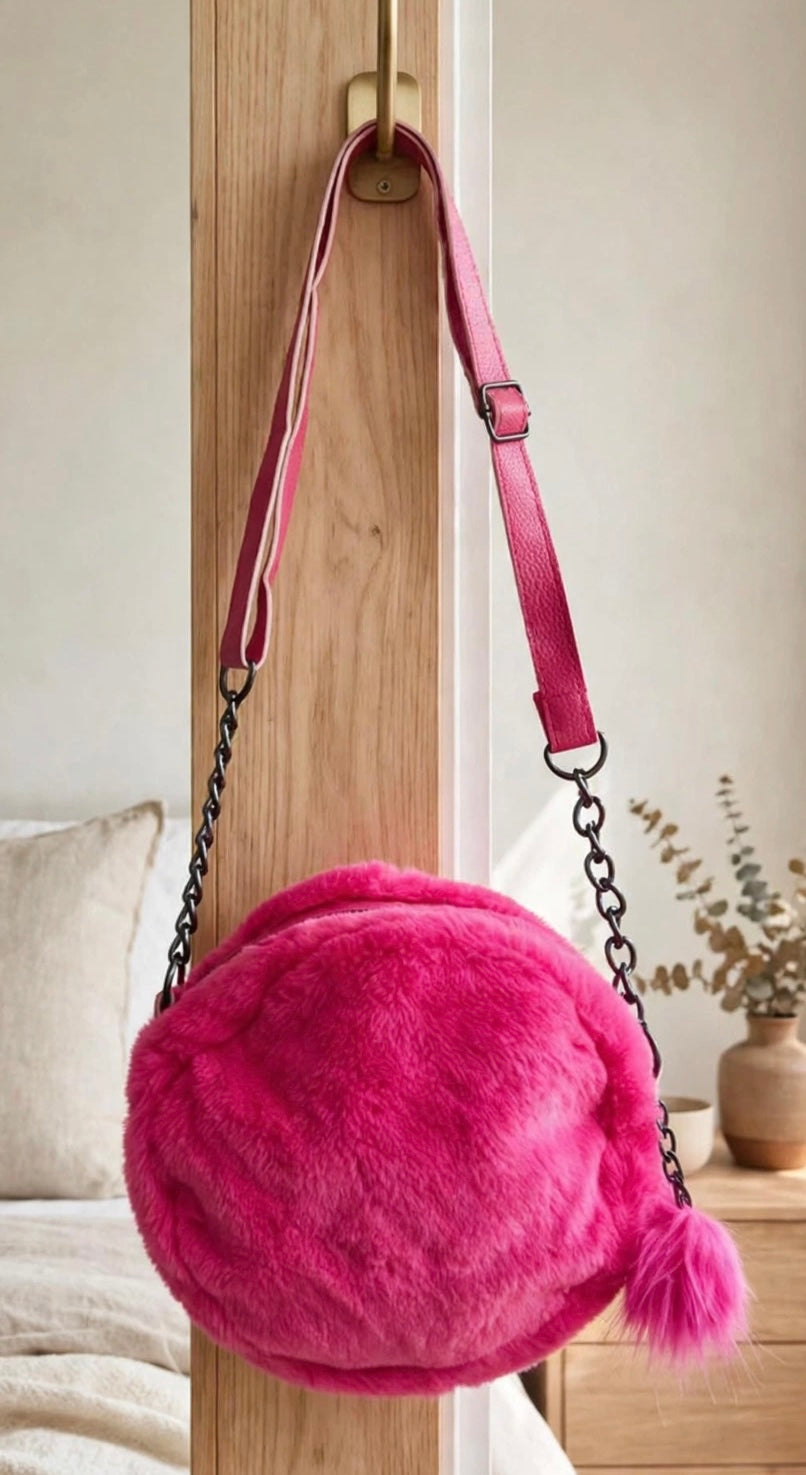 Hot Pink Faux Fur Round Crossbody Bag with Chain Strap