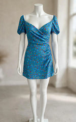 Zara Blue Strawberry Satin Mini Dress - Puff Sleeve, Draped Neck - Size XS