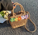 Woven Straw Mini Tote Bag with Crochet Flowers - Summer Beach Bag