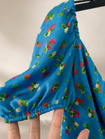 Zara Blue Strawberry Satin Mini Dress - Puff Sleeve, Draped Neck - Size XS