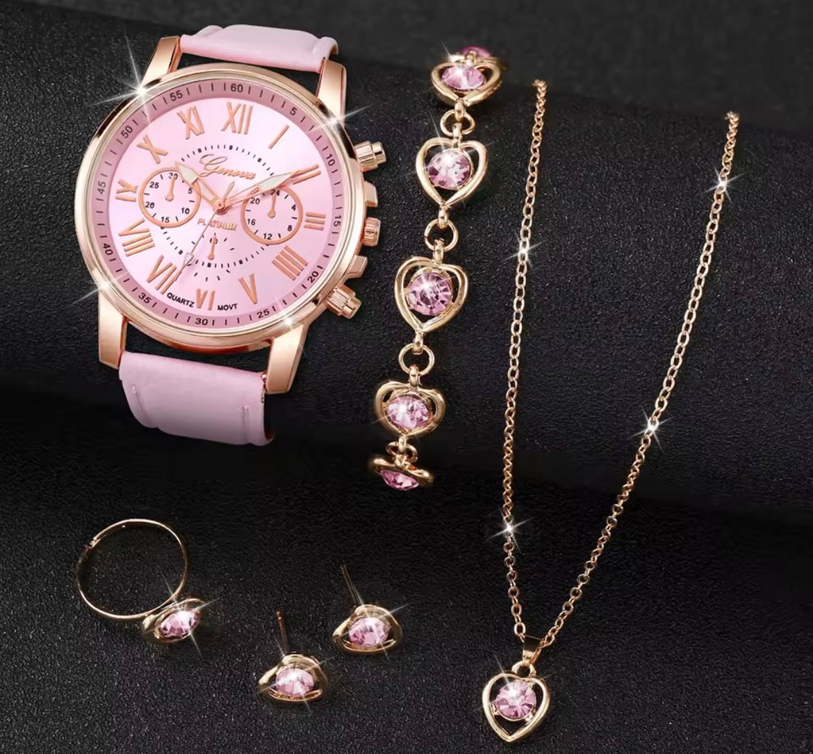 6 Pcs Pink Women's Watch and Jewelry Set - Luxury Rose Gold Quartz Watch with Roman Numerals + Heart Crystal Bracelet Necklace Ring Earrings Set