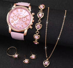 6 Pcs Pink Women's Watch and Jewelry Set - Luxury Rose Gold Quartz Watch with Roman Numerals + Heart Crystal Bracelet Necklace Ring Earrings Set
