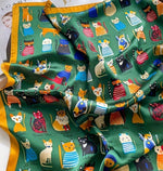 Whimsical Cat Breeds Satin Square Scarf - Emerald Green