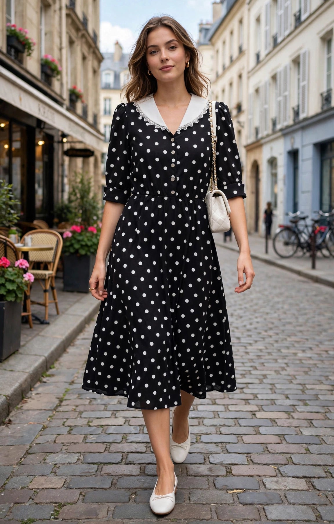 Vintage Whirlaway Polka Dot Midi Dress Size 10P - Black White Spot Dress with Lace Peter Pan Collar, 80s Retro Button Front Fit and Flare Dress