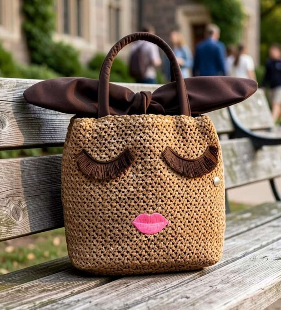 Cute Woven Straw Face Tote - Summer Beach Bag with Bow
