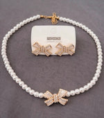 Pearl Bow Necklace and Earrings Set - White Faux Pearl Choker with Bow Pendant - Elegant Coquette Jewelry Set