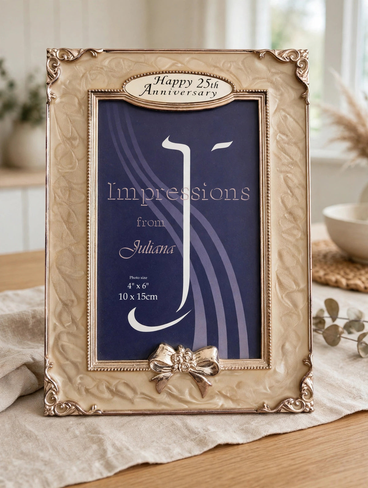 Happy 25th Anniversary Photo Frame 4x6 - Juliana Impressions - Vintage Silver Pearl Frame with Bow