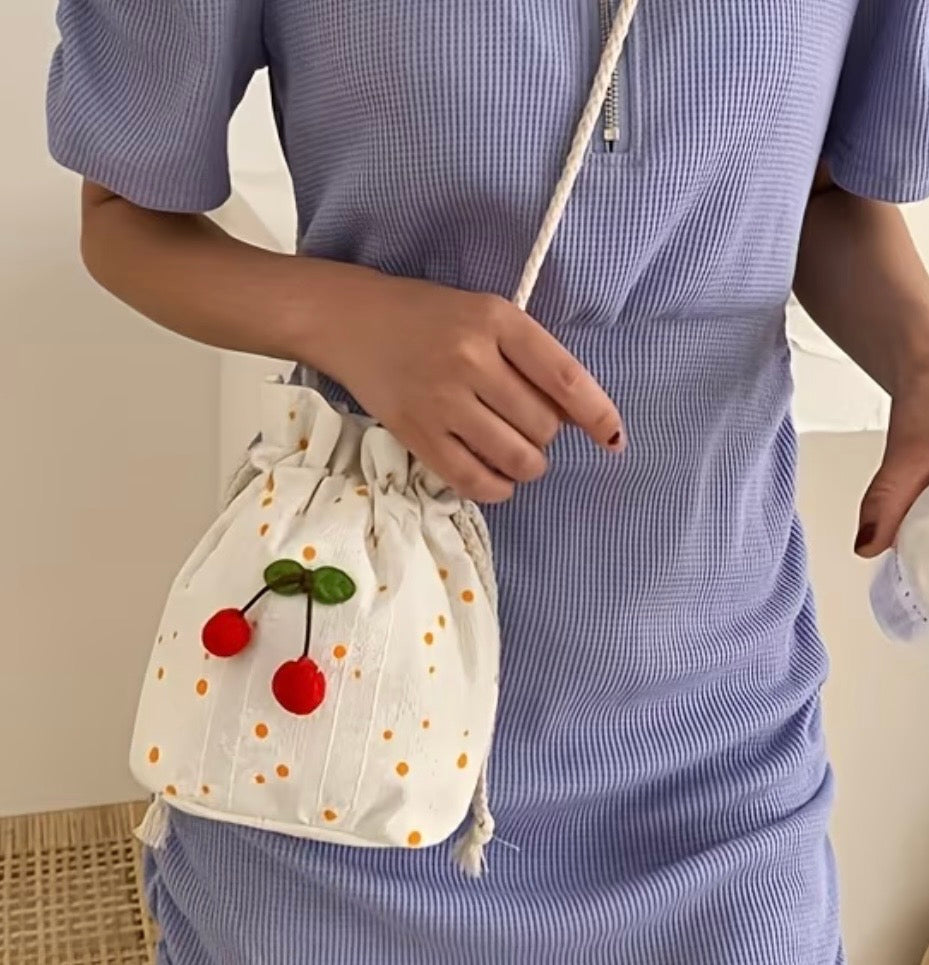 Cute Cherry Drawstring Bucket Bag - Daisy Embroidered Mini Crossbody