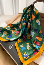 Whimsical Cat Breeds Satin Square Scarf - Emerald Green