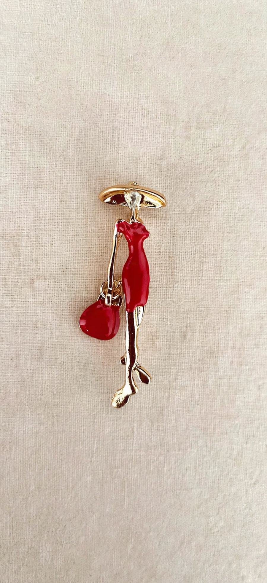 Red Dress Lady Brooch - Fashion Girl Enamel Pin, Elegant Woman Brooch with Hat and Handbag, Gold Plated Chic Brooch for Women