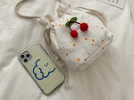 Cute Cherry Drawstring Bucket Bag - Daisy Embroidered Mini Crossbody