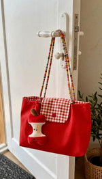 Red Gingham Tote Bag with Colorful Ropes Handles + Apple Charm