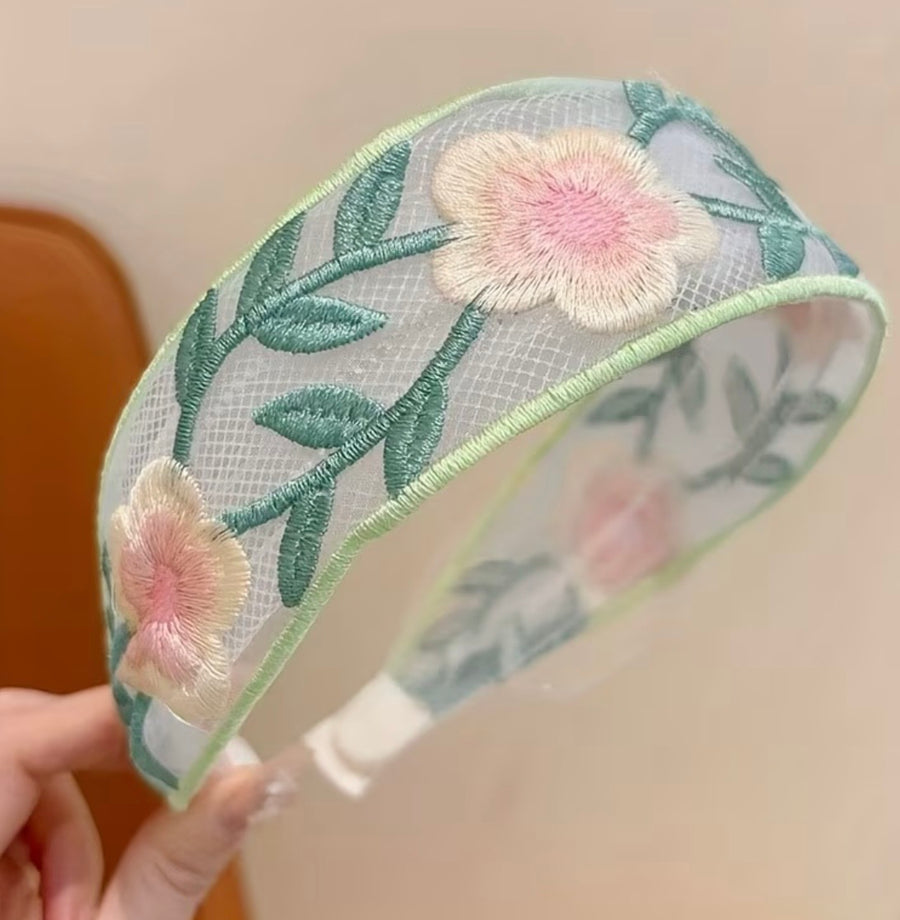 Floral Embroidered Mesh Headband - Wide Pastel Flower Headband for Women, Vintage Lace Hairband with Green Leaves, Cute Spring Hair Accessories