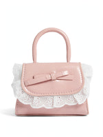 Coquette Pastel Pink Mini Bag with White Eyelet Lace Ruffle & Bow - Top Handle + Crossbody Strap
