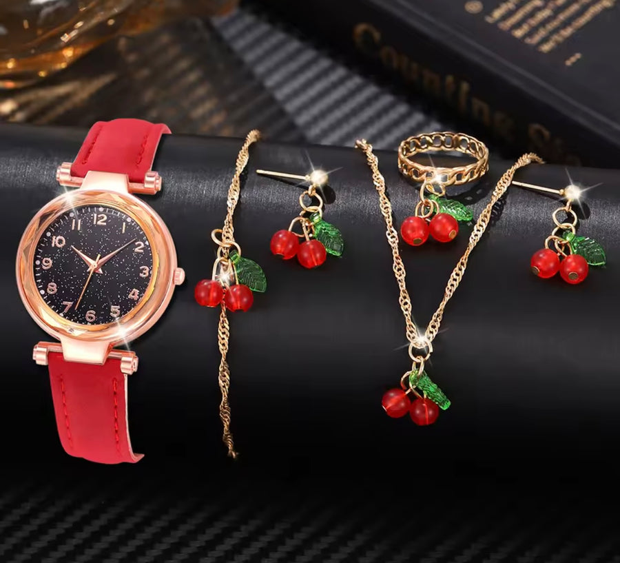 Cherry Girl Aesthetic Watch Set - 6Pcs Cute Cherry Jewelry Set with Red Leather Watch