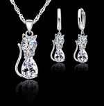 Real 925 Sterling Silver Color Jewelry Sets with Shining Austrian Crystal Cute Cat Pendant Necklace and Huggie Earring for Women and Girls