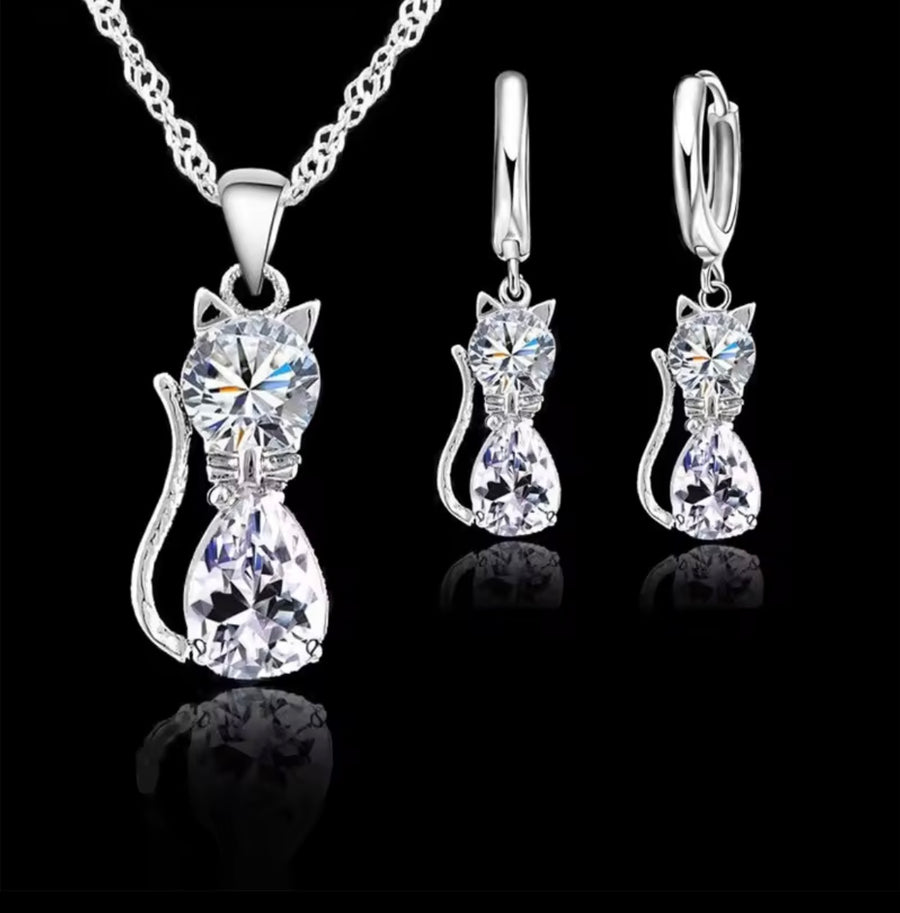 Real 925 Sterling Silver Color Jewelry Sets with Shining Austrian Crystal Cute Cat Pendant Necklace and Huggie Earring for Women and Girls