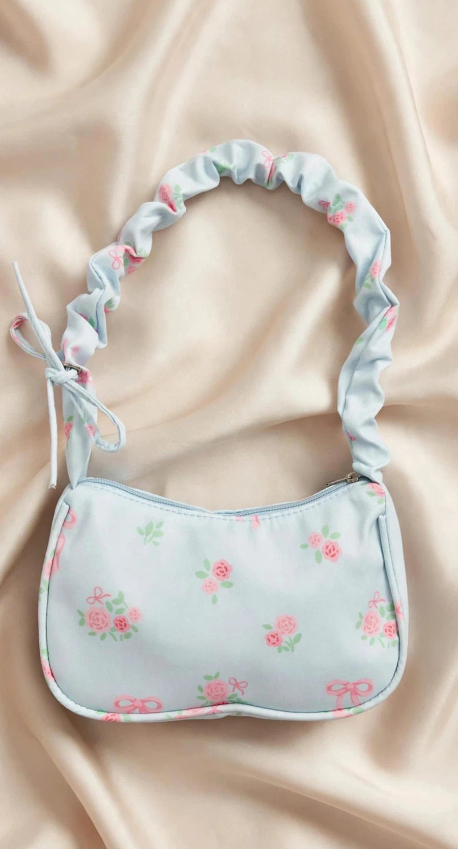 Baby Blue Floral Baguette Bag – Pink Rose & Bow Print | Y2K Coquette Shoulder Bag
