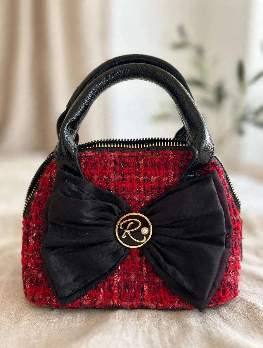 River Island Mini Bowler Bag - Red Tweed & Black Patent | Bow Detail Designer Handbag