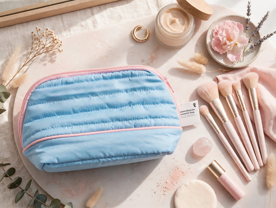 Baby Blue Quilted Makeup Bag - Puffy Cosmetic Bag with Brush Holders - Travel Toiletry Pouch