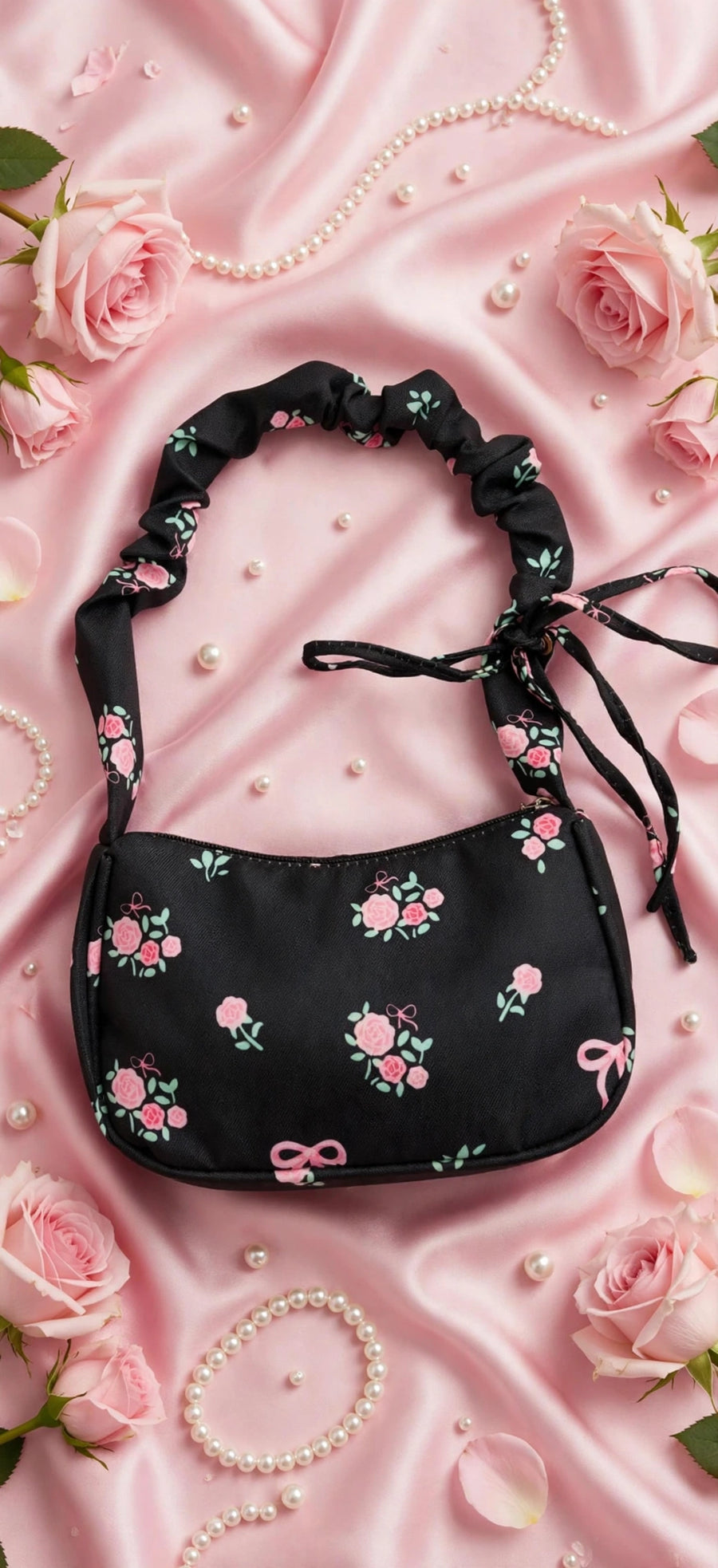 Black Floral Shoulder Bag | Y2K Coquette Bow Bag | Pink Rose Print Mini Bag