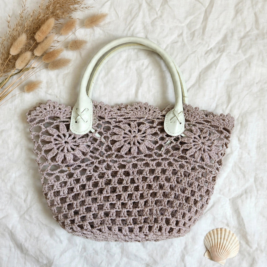 Handmade Lilac Crochet Tote Bag - Boho Summer Beach Bag with Faux Leather Handles